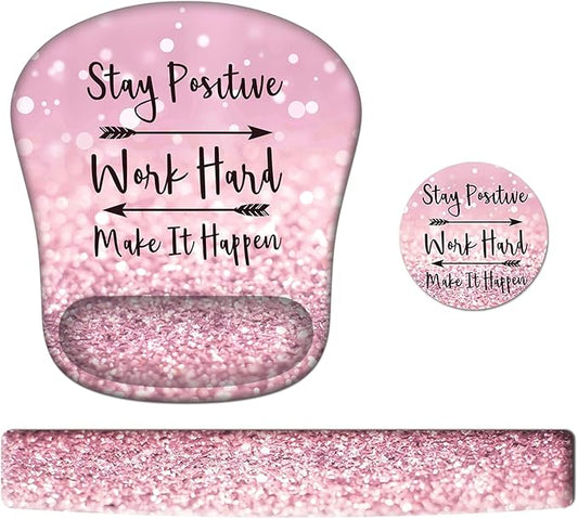 HAOCOO Pink Mouse Pad Support, Keyboard Wrist Rest, Gel Wrist Rest for Computer and Mouse Pad Set, Anti-Slip Base, Keyboard Pad with Coaster for Office Home Women, Stay Positive
