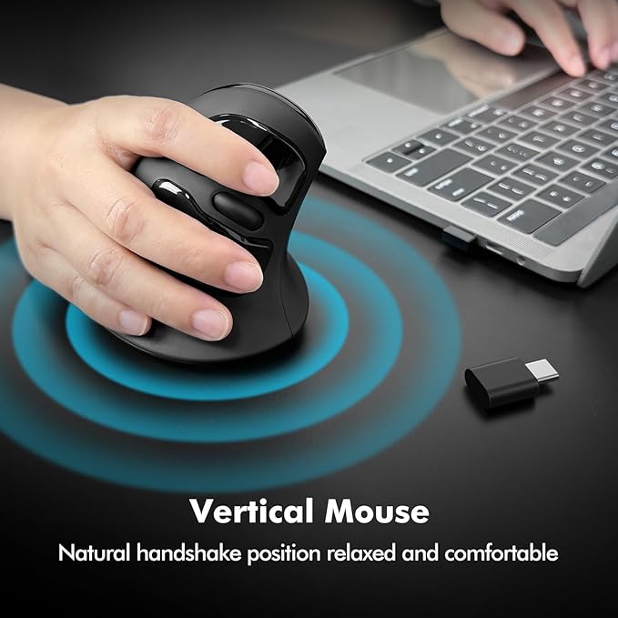 MicroPack Ergonomic Mouse, Vertical Wireless Mouse with USB A & Type-C Receiver, Ergo Design Reduces Muscle Strain, 6 Buttons 800/1200/1600 DPI Mouse for Windows, Mac, PC, Laptop, Black