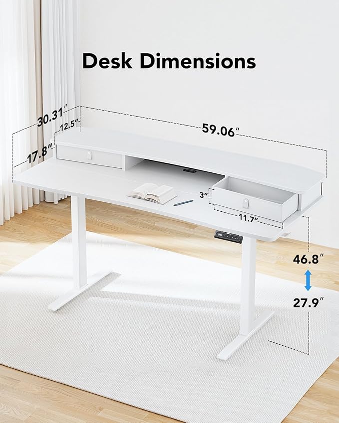 HUANUO 60″ x 30″ Electric Standing Desk with 2 Drawers, C-Clamp Mount Compatible, Height Adjustable Computer Desk, Home Office Stand Up Desk with 4 Preset Heights & 2 Hooks, White