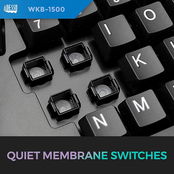 Adesso WKB-1500GB - Wireless Ergonomic Desktop Keyboard and Laser Mouse with Split Keys Design and Palm Rest for Comfort, Long Battery Life, Nano Receiver - Compatible for PC & Windows XP/7/8/10,Black