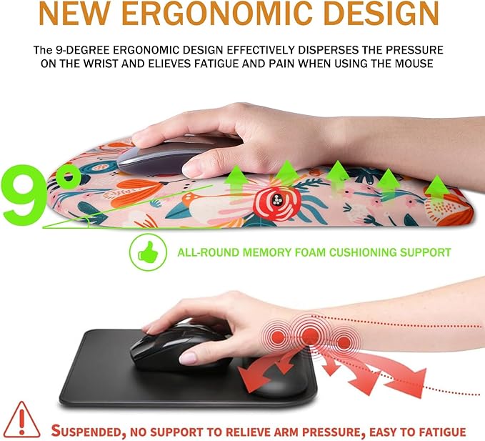 Ergonomic Mouse Pad Wrist Support,Upgrade Mousepad with Massage Design,Non-Slip PU Base Desktop Mouse Pads for Pain Relief, Computer, Office & Home,12 x 8 in（F-Pink Flower）