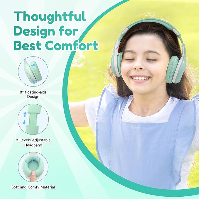 EarFun K2 Kids Bluetooth Headphones, Kids Headphones with Volume Limited, 40H Playtime, Built-in Mic, Stereo Sound, Foldable Over-Ear Headphone for School/Travel/iPad/Tablet, Green