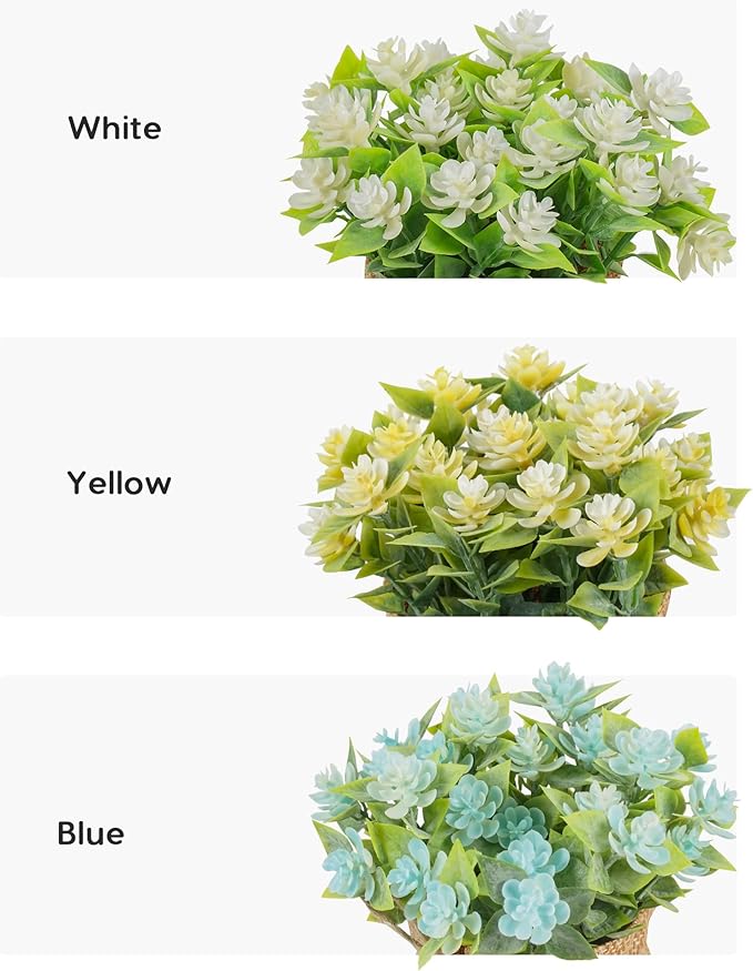 Velener Artificial Flowers in Small Burlap Bag Vases 3Pcs - Faux Flowers Farmhouse, Fake Plants Home Coffee Table Bookshelf Office Desk Decorations Kitchen Dining Room Indoor(White/Yellow/Blue)