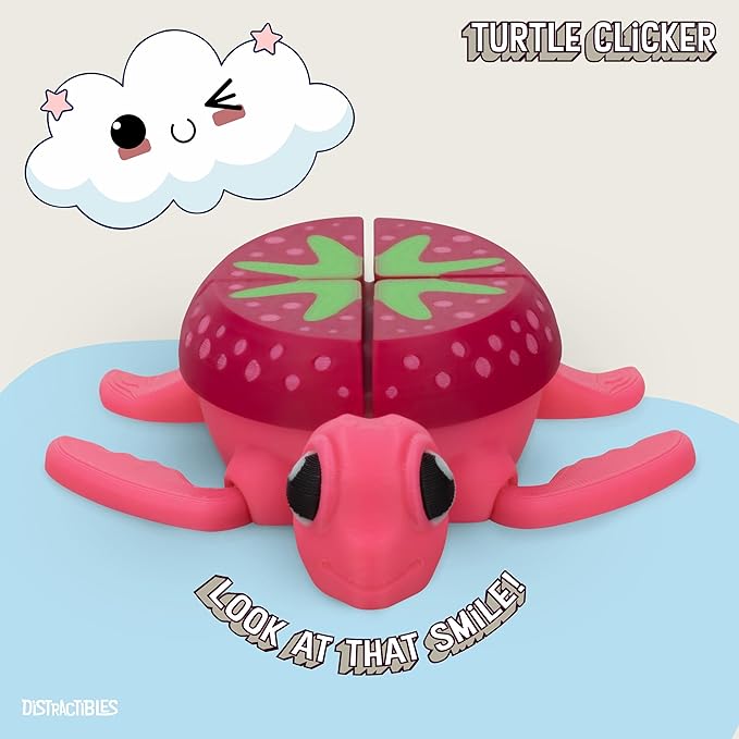 Distractible Turtle Fidget Toy, Articulating Design with Shell Clickers, Pocket-Sized & Durable, Sensory, Stress Relief, ADHD, Autism & Stim (Pink-Strawberry)