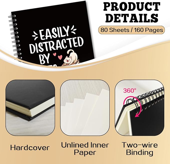 YAZMEEN Funny Cat Blank Spiral Notebook（160 Pages） Easily Distracted by Cats and Books Hardcover Sketchbook Cat Lover Notebook Book Lover Journal Funny Birthday Gifts for Librarian Bookworm Teacher