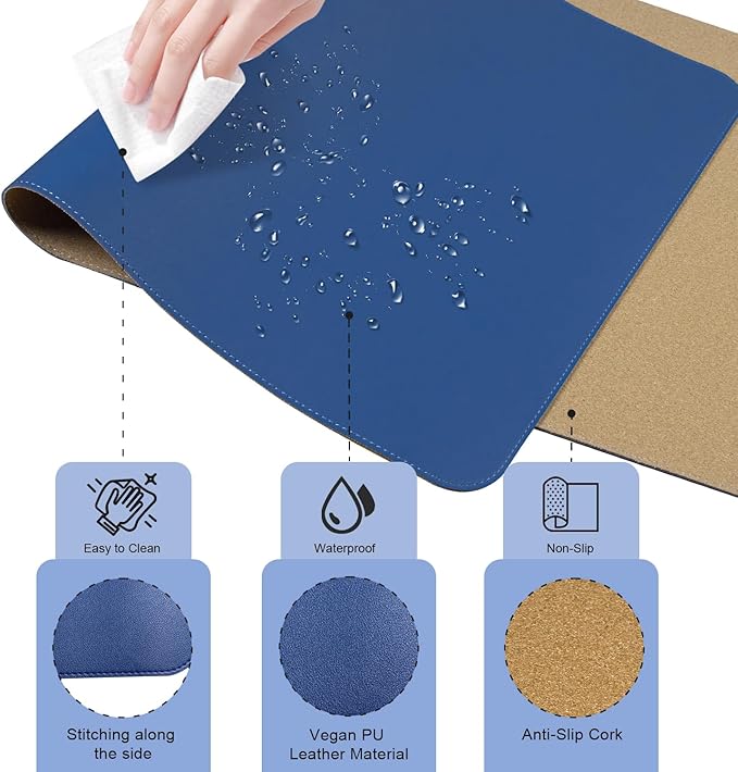 Large Desk Pad Protector, Non-Slip Computer Mat for Desk, 55'' x 17'' PU Leather Office Desk Mat for Home & Office, Laptop Desk Blotter Pad for Mouse and Keyboard, Dark Blue