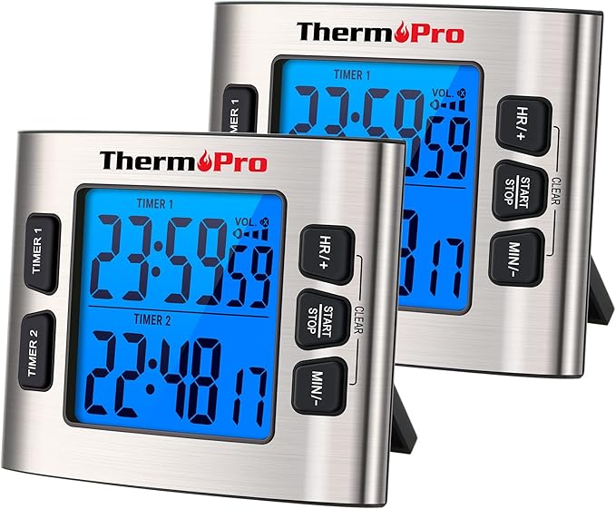 ThermoPro TM02 Digital Kitchen Timer - Dual Countdown Function with Magnetic Backing, Adjustable Alarm & Backlit LCD Display, Ideal for Cooking, Baking and as 24-Hour Shower Clock for Kids
