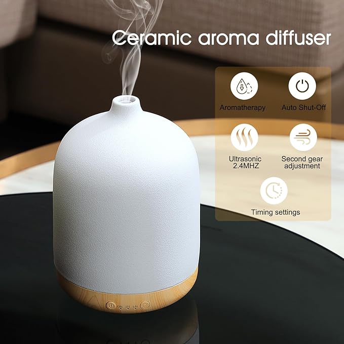 Ceramic Essential Oil Diffusers for Home, Decorative Bedroom Aromatherapy Scent Air Diffuser Ultrasonic Aroma Defusers 250ml with Timed-Black