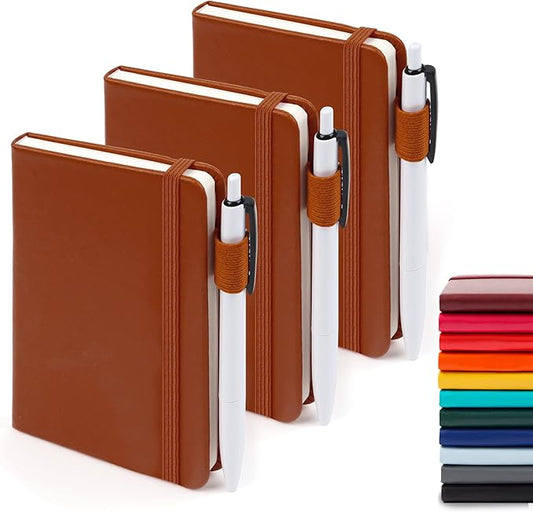 feela 3 Pack Pocket Notebook Journals, Mini Cute Small Journal Notebook Bulk Hardcover College Ruled Notepad with Pen Holder for Office School Supplies, with 3 Black Pens, 3.5”x 5.5”, A6, Brown