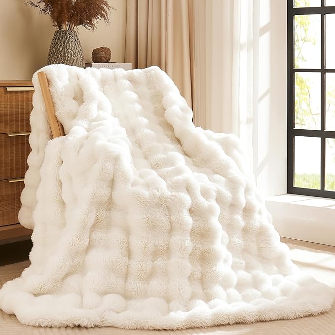 L'AGRATY Faux Fur Throw Blanket: 60" x 80" Luxury Soft Fluffy Thick Rabbit Fur Blankets for Twin Bed Couch - Cozy Plush Bubble Blankets for Winter: Warm Flannel Fleece Decorative Blanket(Cream White)