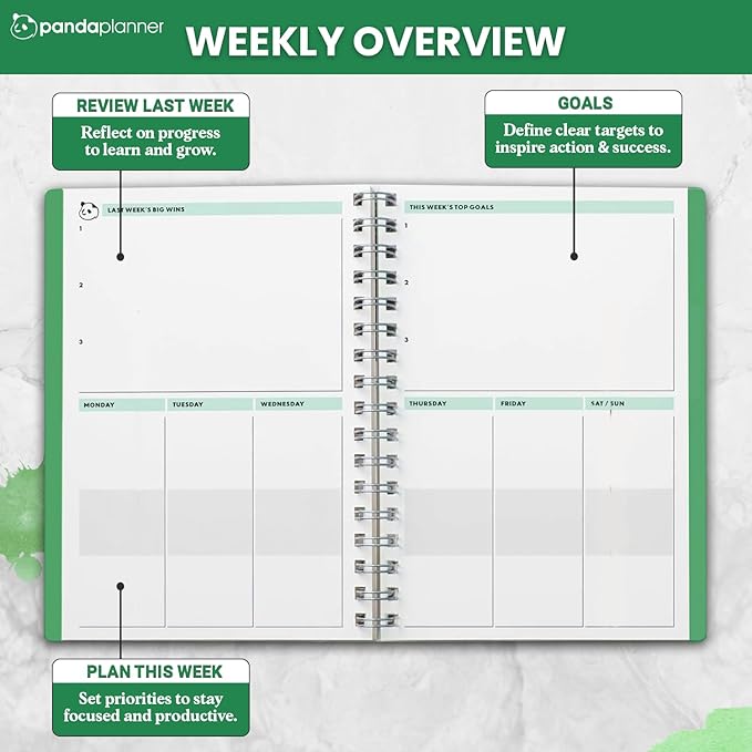 Panda Planner 2025-2026 Undated Daily Planner 5.75" x 8.25" – 90-Day Spiral Productivity & ADHD Planner with Hourly Schedule, Habit Tracker, To-Do List & Monthly Calendar – Panda Journal for Home & Office (Green)
