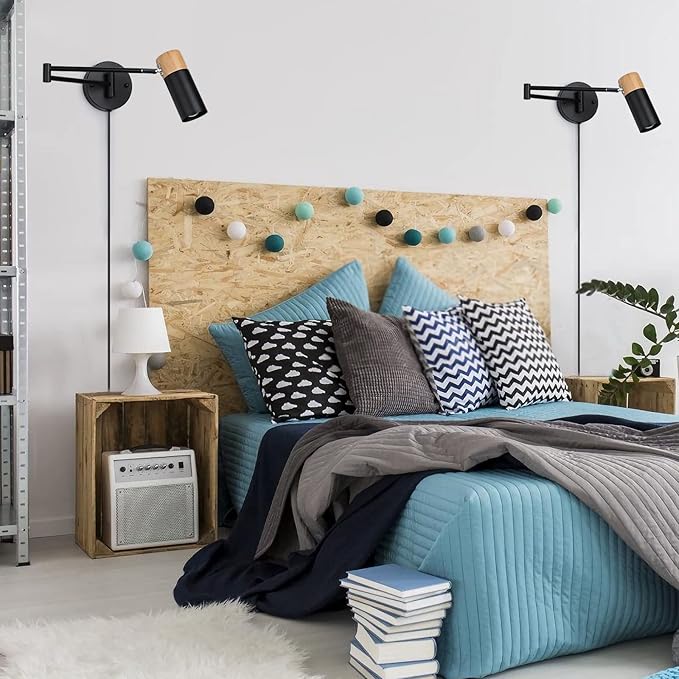 COSYLUX Modern Industrial Swing Arm Wall Lamp with Plug in Cord for Bedroom, Living Room, Office, Rotatable Lampshade Plug in Wall Sconces Light Fixture for Reading and Working, Black (NO Bulb)