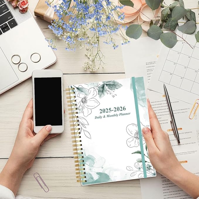 2025-2026 Daily & Monthly Planner - One Page Per Day, Daily Planner 2025-2026 from July 2025 to June 2026, Planner 25-26 with 12 Monthly Tabs, 6.4" x 8.5", Teal Flowers
