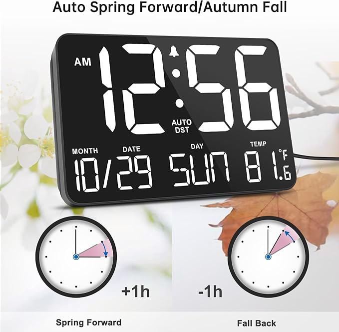 Soobest Large Display Digital Wall Calendar Clock with Date Day of Week, Alarm Clock for Bedroom Desk, Timer for Home Gym Workout 6 Dimmer Auto DST 12/24hr with Remote and Temperature(White)