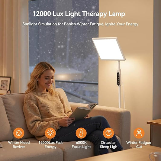 Light Therapy Lamp, 12,000 Lux Full Spectrum Sunlight Lamp, UV-Free Sun Lamp, Remote Control/4 Color Temp/5 Brightness/4 Timer & 3 Height Adjustable Floor Lamp for Home, Office & Living Room