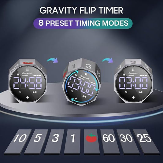 Digital Pomodoro Timer,Frosted Metal Productivity Cube Timer,1.8 in LED Digital Large Screen and Auto-Rotating Display,1/3/5/10/25/30/60min & Custom Time, Silent & Alarm,for Office, Study, Work(Grey)