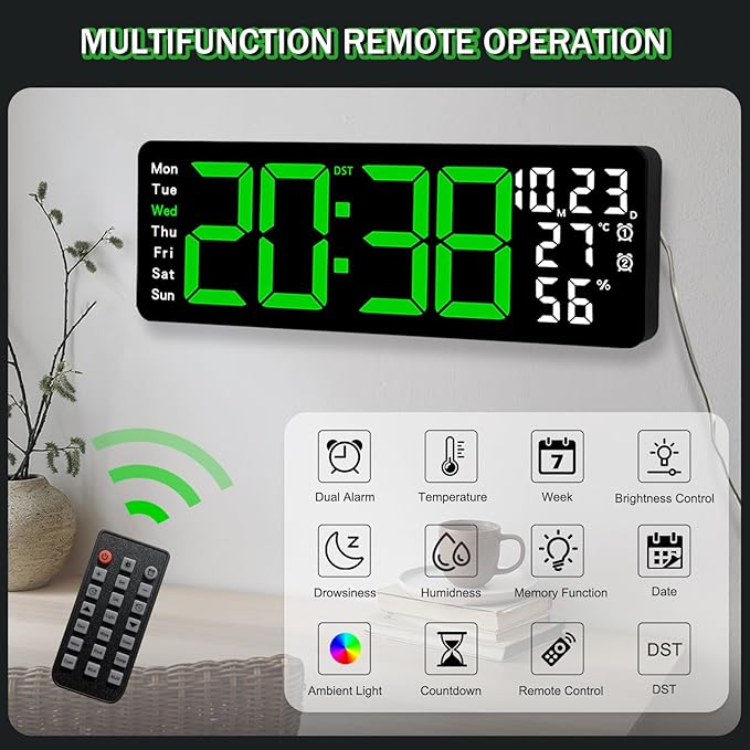 JoFomp 17.3" Large Digital Wall Clock, LED Digital Clock Large Display with Remote Control, Alarm Clock with Temp/DST/Dimmer/Humidity/Timer/Ambient Light - 12/24H, Alarm Wall Clock for Bedroom