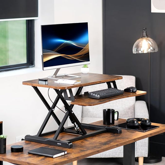VIVO 28 inch Desk Converter, K Series, Height Adjustable Sit to Stand Riser, Dual Monitor and Laptop Workstation with Keyboard Tray, Rustic Vintage Brown Top, Black Frame, DESK-V028KN