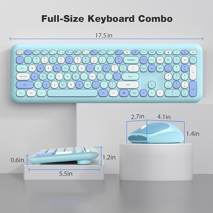 KNOWSQT Wireless Keyboard and Mouse Combo, Pale Blue Full-Sized 2.4G Silent Keycap Colorful Keyboards, USB Dongle Plug Play, for Laptop, Windows, PC, Computer, Desktop