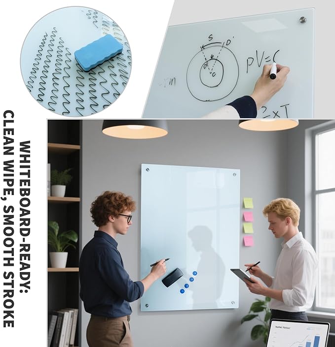 Glass Whiteboard 24"X36" Magnetic Dry Erase Board Frameless Wall Mounted White Board WritingBoard for Office School Home Accessory Tray, 3 Dry Erase Marker,4 Glass Board Magnets and 1 Magnetic Eraser