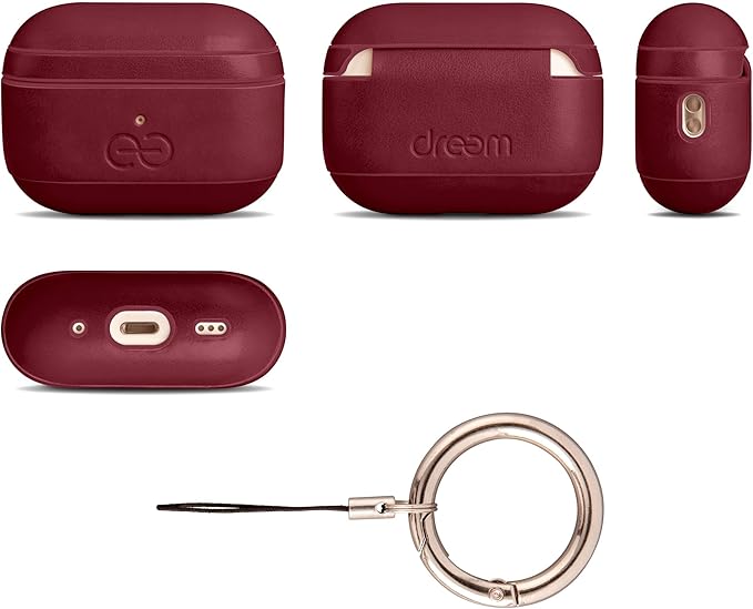 Dreem Om Case Cover with Keychain Clip Compatible with AirPods Pro 2/Pro, Protective One-Piece Hard Shell, Luxury Vegan Leather AirPod Pro Case 2nd/1st Generation with Separate Clip [Burgundy]