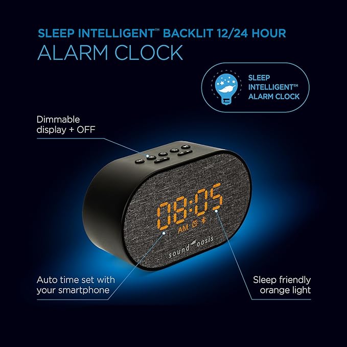 Sound Oasis® Bluetooth® Sleep Sound Therapy System® Alarm Clock - Sleep Better, Manage and Mask Tinnitus, 30 Built-in Sounds, Sleep-Friendly Lighting, Travel Friendly (BST-150)