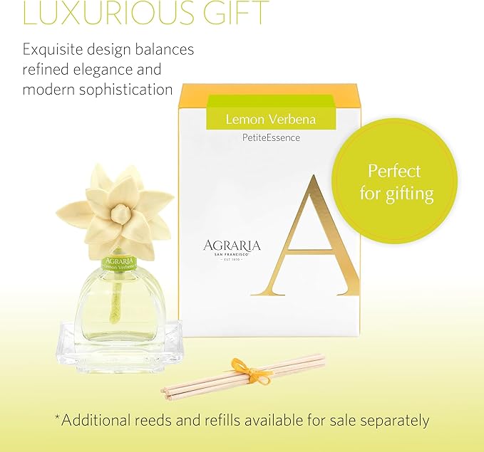 AGRARIA Lemon Verbena Scented PetiteEssence Diffuser, 1.7 Ounces with Reeds and a Flower