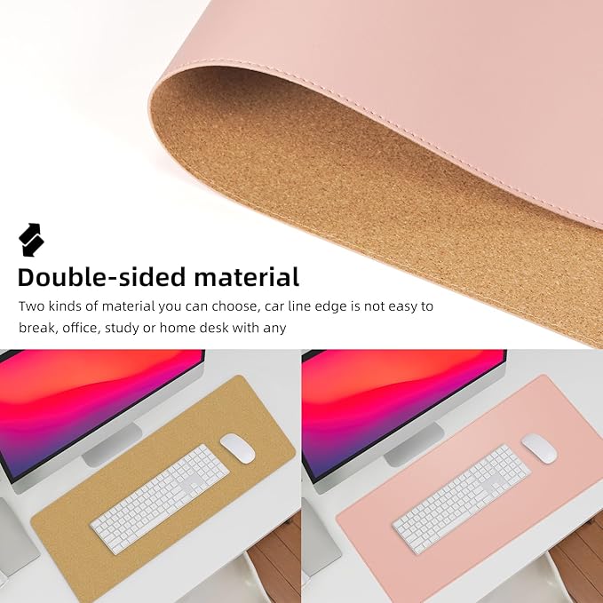 Leather Desk pad Protector, Large Desk mat with Natural Cork & PU Leather,Mouse pad,Non-Slip Office Desk Mat,Waterproof Desk Writing Pad for Office and Home (35in*17in, Rose Pink)