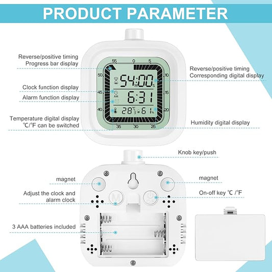 Visual Timer for Kids Kitchen Timer Alarm Clock Countdown Count-up 60 Minutes Shower Room Clock Training Manager time with Digital Thermometer Hygrometer White