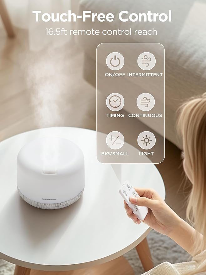 InnoGear Aromatherapy Diffuser & 10 Essential Oils Set, 500ml Essential Oil Diffuser with Remote Control Ultrasonic Cool Mist Scent Humidifier Vaporizer Auto-Off Timer for Room Office Home, White