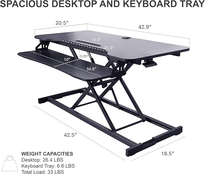 Rocelco 43" Height Adjustable Standing Desk Converter with Anti Fatigue Floor Mat - Tall Stand Up Tabletop Riser and Tablet Slot - Computer Workstation - Deep Keyboard Tray - Black (R VADRB-43-MAFM)
