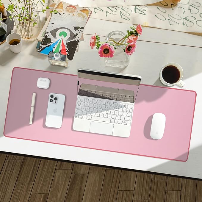 Waterproof Large Gaming Mouse Pad with Durable Stitched Edges, Non-Slip Rubber Base, Smooth Surface Mouse Mat Desk Pad for Home Office Gaming, 15.74"x35.43"x0.12", Dusty Rose