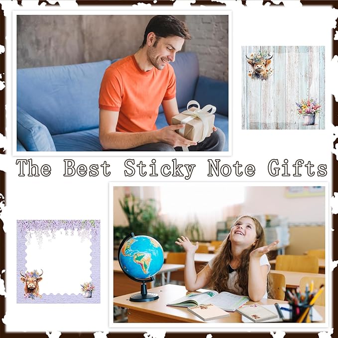 Highland Cow Sticky Notes Set - Lovarywow 9 Pack Highland Cow Sticky Notepad Cute Animals Sticky Notes 3"X3" Adhesive Post Memo Pad Gifts Office Home Cow Print School Supplies 450 Sheets