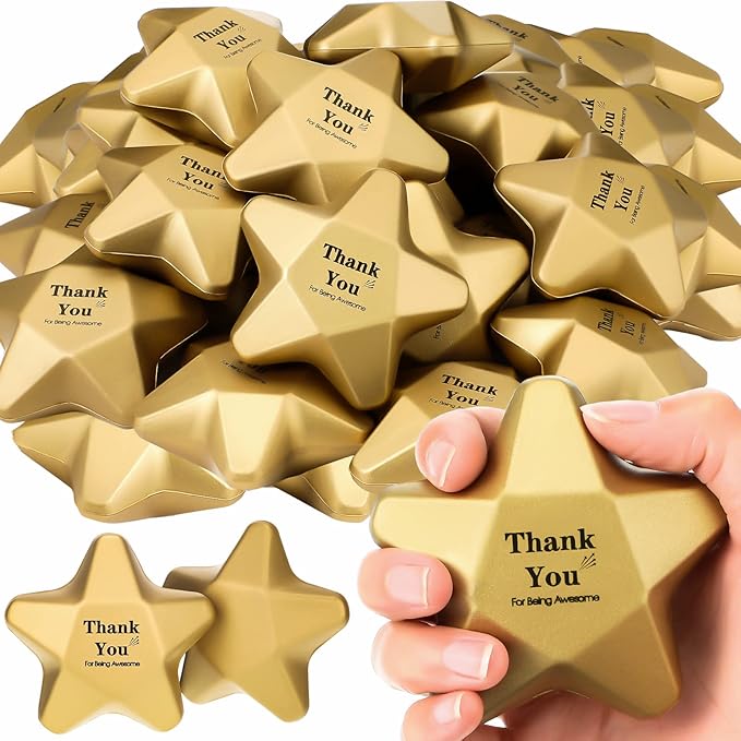 Deekin 24 Pieces 3.1 Inch Star Stress Balls Gold Mini Foam Ball Star Stress Toys Bulk Stress Relief Gifts for Coworkers Adult Goodie Bag Stuffers Teen Party Favors School Office Award(Thank)