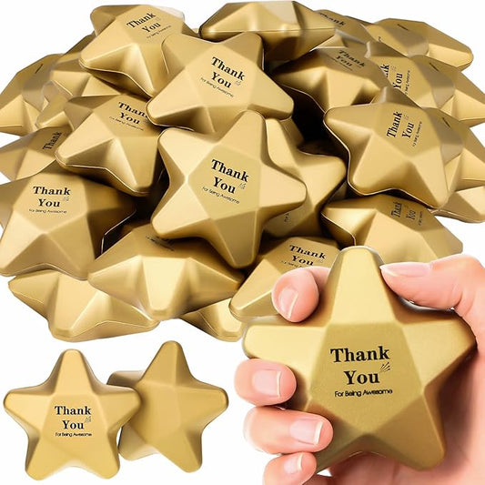 Deekin 24 Pieces 3.1 Inch Star Stress Balls Gold Mini Foam Ball Star Stress Toys Bulk Stress Relief Gifts for Coworkers Adult Goodie Bag Stuffers Teen Party Favors School Office Award(Thank)