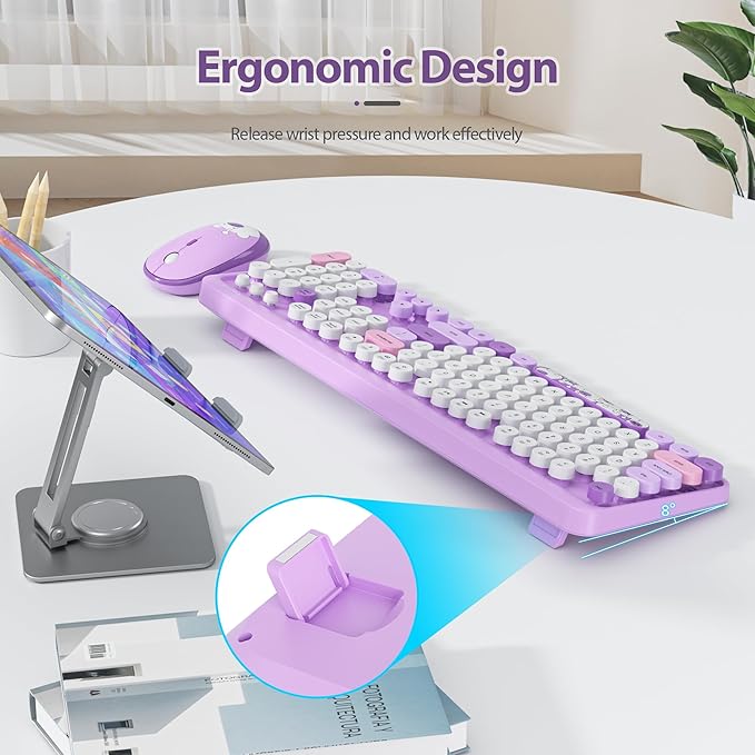 Fogruaden Wireless Keyboard and Mouse Combo 2.4GHz Retro Typewriter Keyboard, 104 Keys Full Size Round Keycap Cute Keyboard and Mouse with Number Pad, Purple Colorful Keyboard for Windows PC Laptop