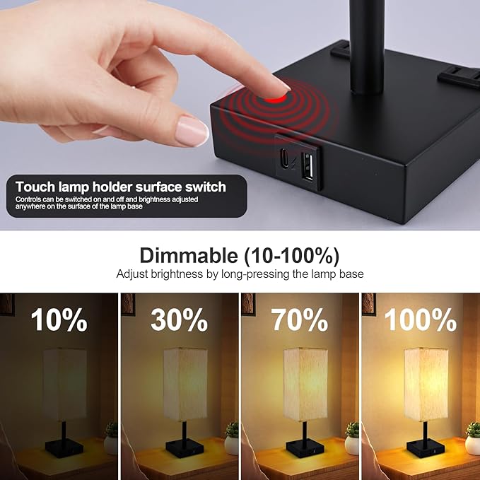Touch Table Lamp for Bedroom, Stepless Dimmable Bedside Lamp with USB C+A Ports & 3 Color Temperatures, Nightstand Light for Living Room Office, LED Bulb Included (Beige)