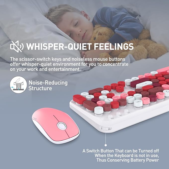 Cute Retro Wireless Keyboard and Mouse Combo with Round Key, 2.4Ghz Dropout-Free Connection, Typewriter Wireless Keyboard and Mouse Set for PC, Laptop, Desktop Computer - Pink Colorful