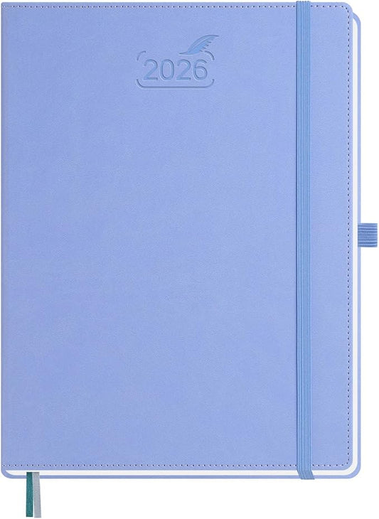 BEZEND 2026 Planner Weekly and Monthly (8.5" x 11") Daily Calendar with Half-Hourly Timeslots & Tab (Jan-Dec) Note & Expenses, Pen Holder, Inner Pocket, Vegan Leather Hardcover - Cornflower