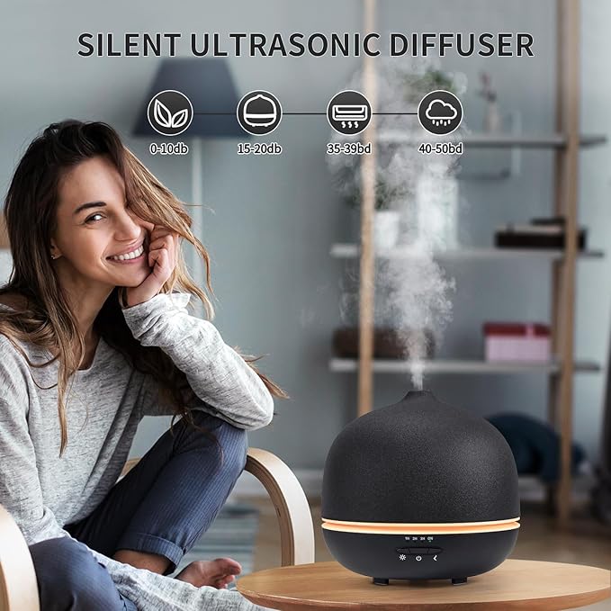 Wanlola 500ml Essential Oil Diffuser,Black Large Ceramic Diffusers,Ultrasonic Cool Mist Humidifier with 4 Timer & 10 Colors Light for Home,Gift