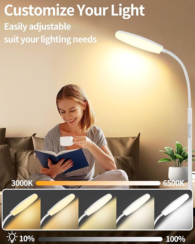 Light Therapy Lamp, 10000 Lux UV-Free Happy Therapy Lamp, Full Spectrum Sunlight Lamp with Remote Control, Light Therapy Floor Lamp with 10 Color Temperature & 6 Brightness & Timer-White