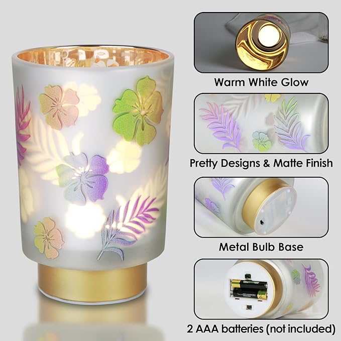 Eywamage Small Battery Operated Table Lamp, Glass Floral Lamp with Remote Timer, Cordless Lamp for Bedroom Living Room Kitchen