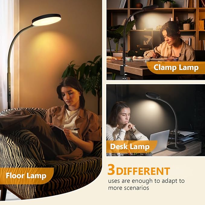 Light Therapy Lamp, 3 in 1 Therapy Floor Lighting, 11000 Lux Full Spectrum Therapy Lamps, UV-Free LED Sunlight, 10 Brightness/5Color/Gooseneck/Height Adjustable with Timer Control, Black
