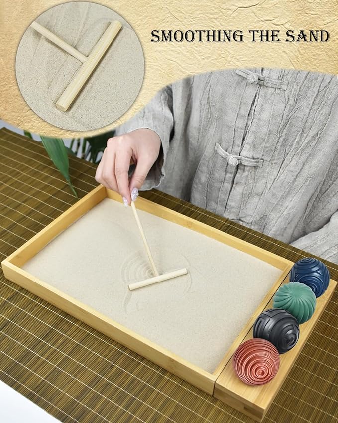 Artcome Jpanese Zen Garden Kit for Desk - Premium Mini Sand Garden with Bamboo Tray - Meditation Sand Tray with 4 Zen Balls and Rake Tools for Relaxation - Mindfulness Therapy Decor - Ideal for Gift