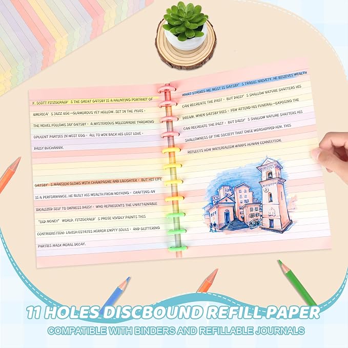 Letter Size Discbound Refill Paper 8.5'' X 11'' 200 Sheets 400 Pages Colored Discbound Planner Inserts 100GSM Lined Paper Refill Wide ruled for 11 Disc Notebooks Note-Taking