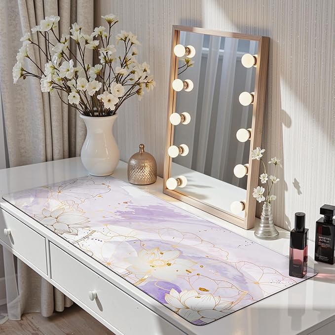 iCasso Desk Cover Mat, Extra Large Lotus Mouse Pad, Desk Pad Mat,Office Matt for Desktop Protector, Anti-Slip XXL Big Mousepad with Stitched Edges for Laptop Computer Keyboard(Purple Lotus Leaf)