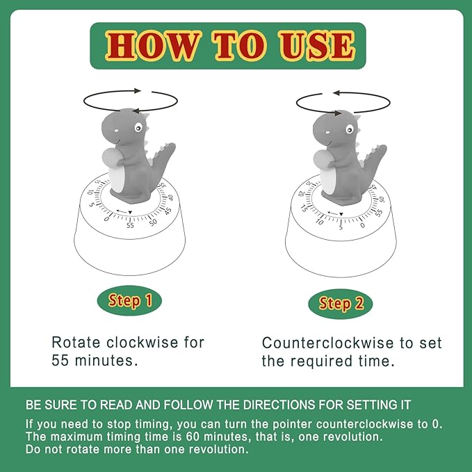 60 Minutes Mechanical Kitchen Timer,Cute Dinosaur Timer for Kids,Wind Up Egg Timer for Cooking,Reading,Classroom and Do Sports. (Dark Green)