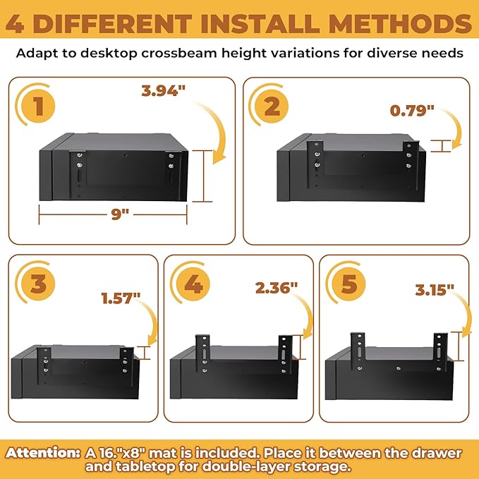 POPMOON 16 Inch Under Desk Drawer,Adjustable Height,Under Desk Drawer Slide Out, Metal Storage Drawer with Cable Management for Office & Home,Matte Black