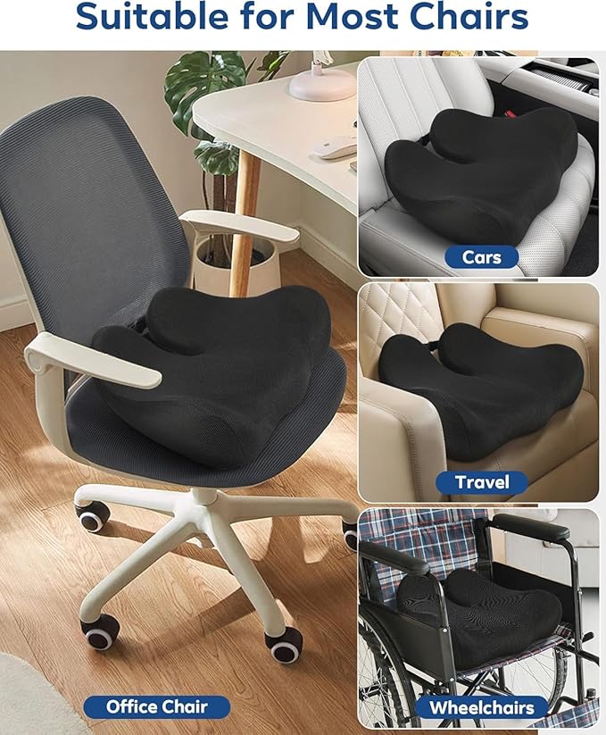 Feagar Sciatica & Tailbone Pain Relief Seat Cushion - Extra Thick Memory Foam Office Chair Cushion with Non-Slip Bottom, Coccyx Cushion for Desk Chair, Wheelchair, Truck Drivers