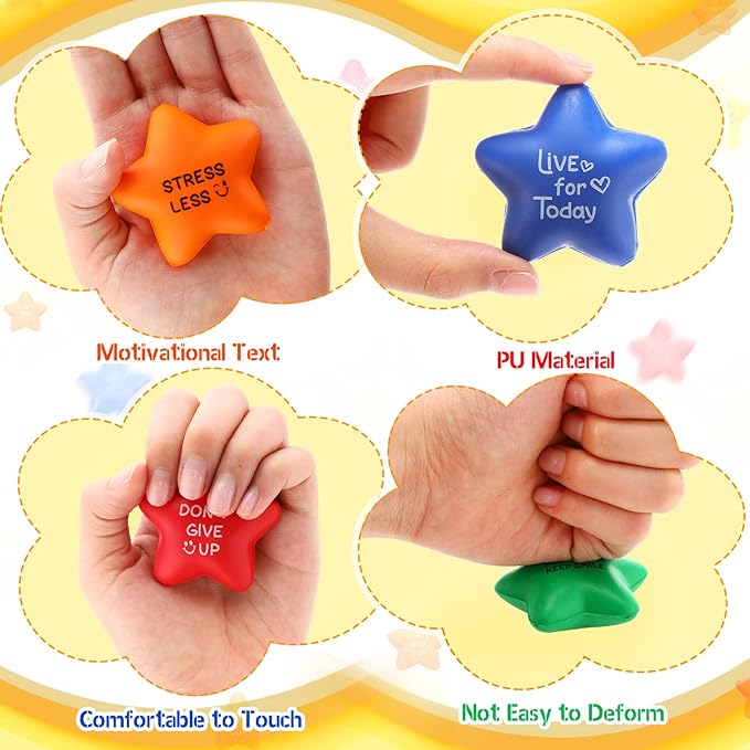 HyDren 48 Pcs Motivational Star Stress Balls Bulk Colorful Stress Relief Ball with Inspirational Quotes Emotional Hand Exercise Support Toys for Employee Coworker Students Teachers(Bright Color)